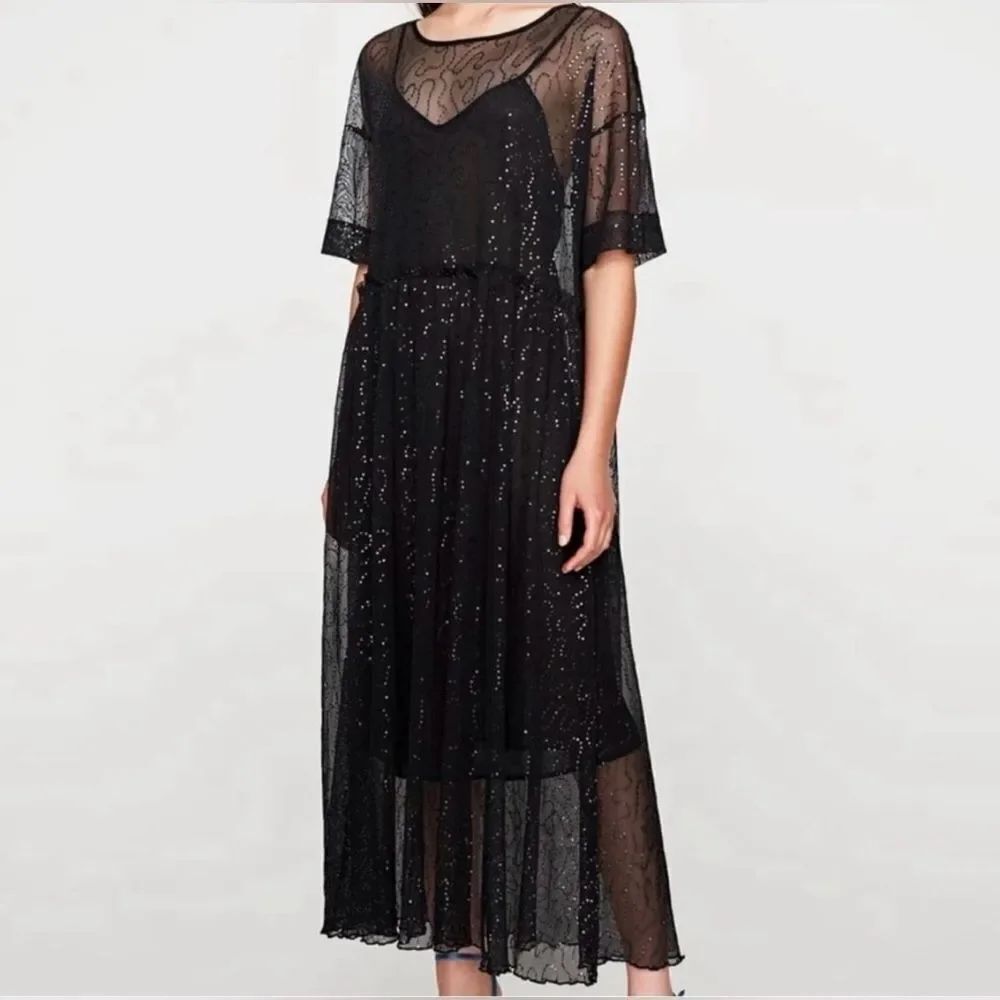 ZARA Black Sheer sequin swirl over layering Dress M